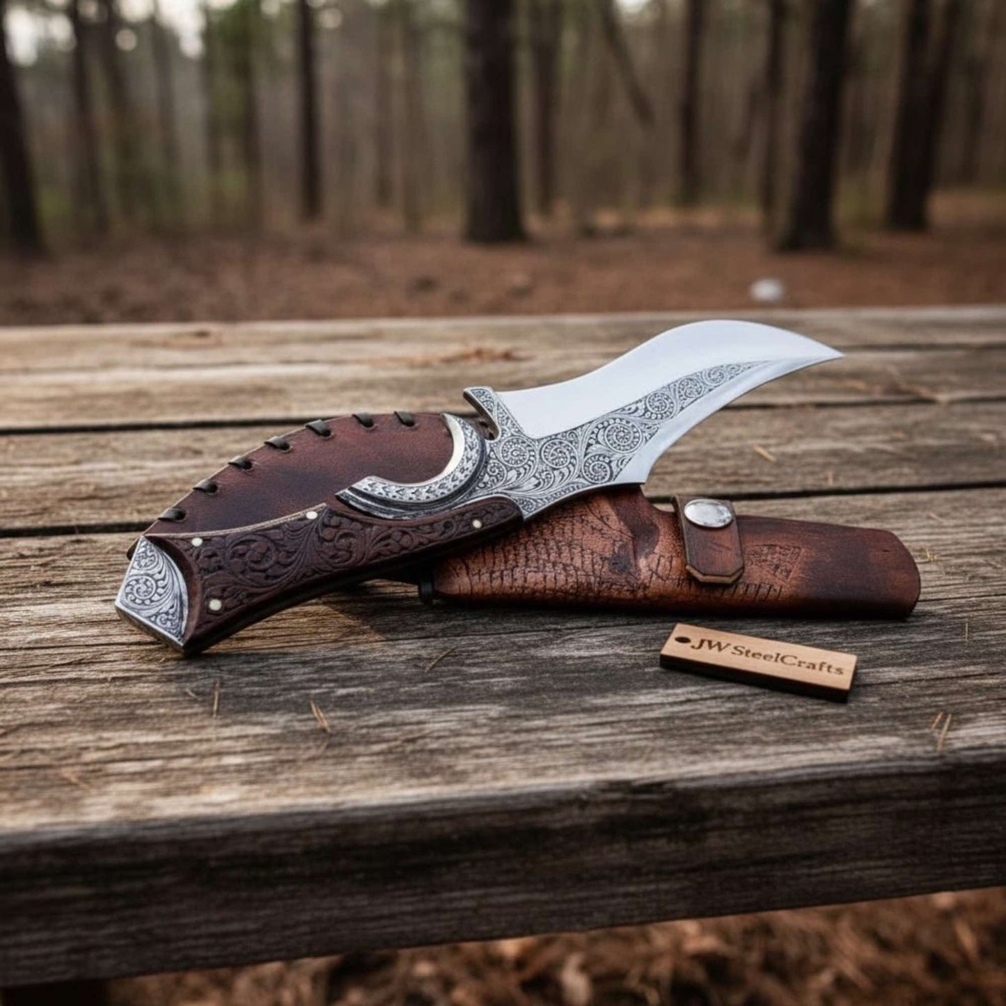Handmade Persian Recurve Bowie Knife Engraved D2 Steel Custom Handle