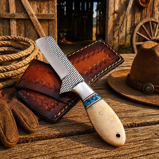 Handmade Rasp Steel Cowboy Bull Cutter Knife – Turquoise & Camel Bone Handle with Leather Sheath