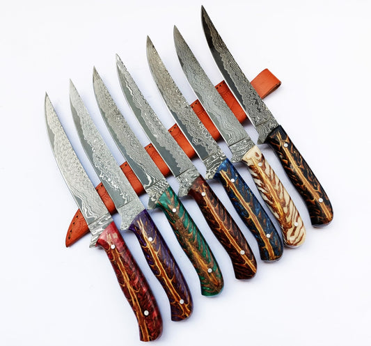 Custom Handmade Damascus Steel Fillet Knife with Epoxy Resin Pine Cone Handle - 13 Inch Length with Leather Sheath