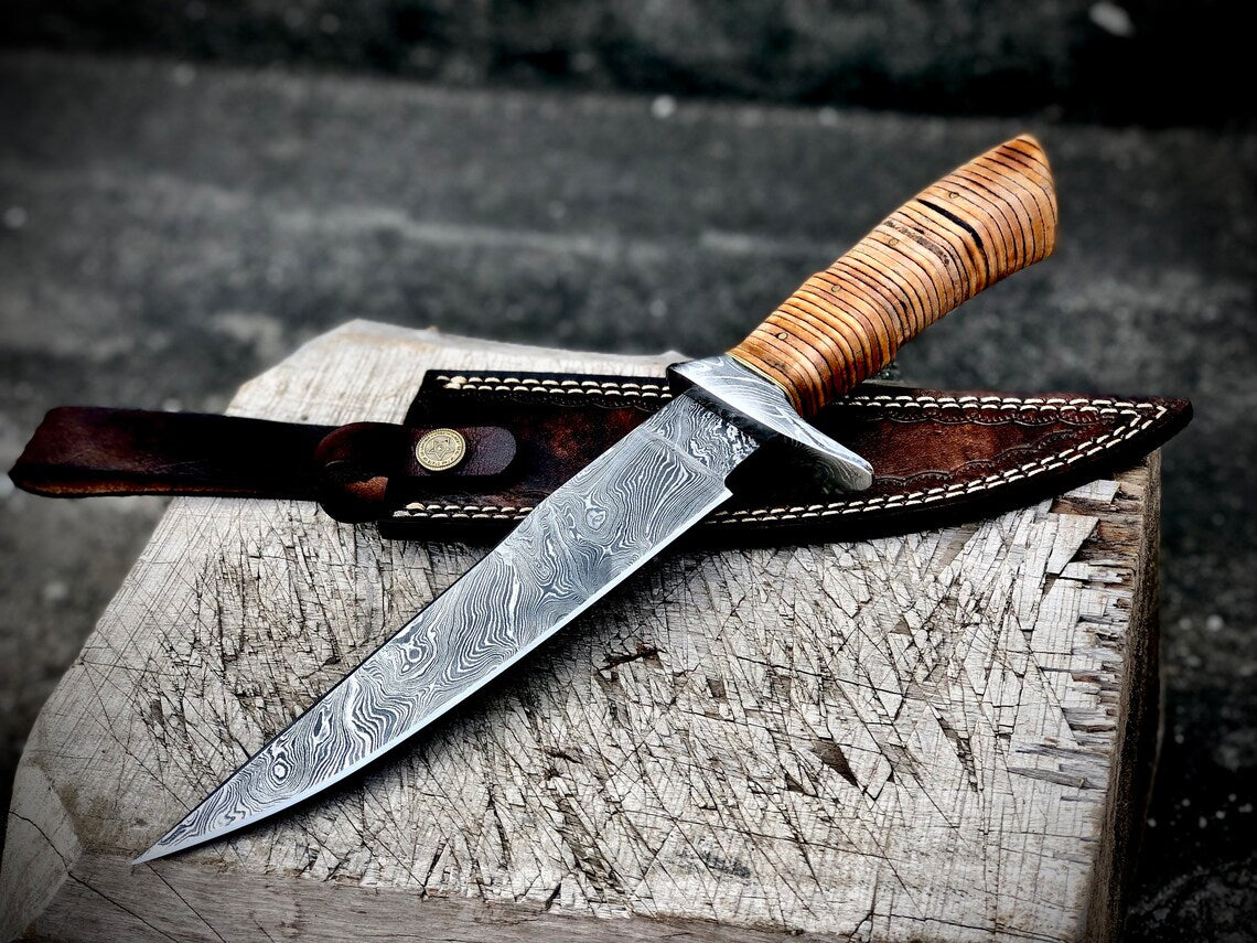 "Custom Handmade Damascus Steel Hunting Bowie Knife | Stacked Leather-Damascus Guard Handle | 12 Inches | Leather Sheath | KBS Knives Store"