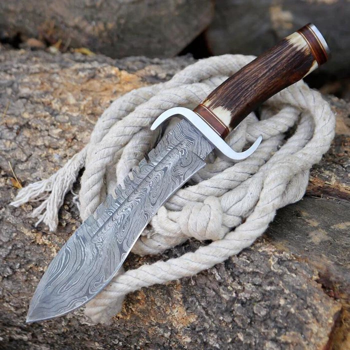 Damascus Steel Western Bowie Knife – 12" with Damascus Steel Guard & Stag Horn Handle, Comes with Leather Sheath