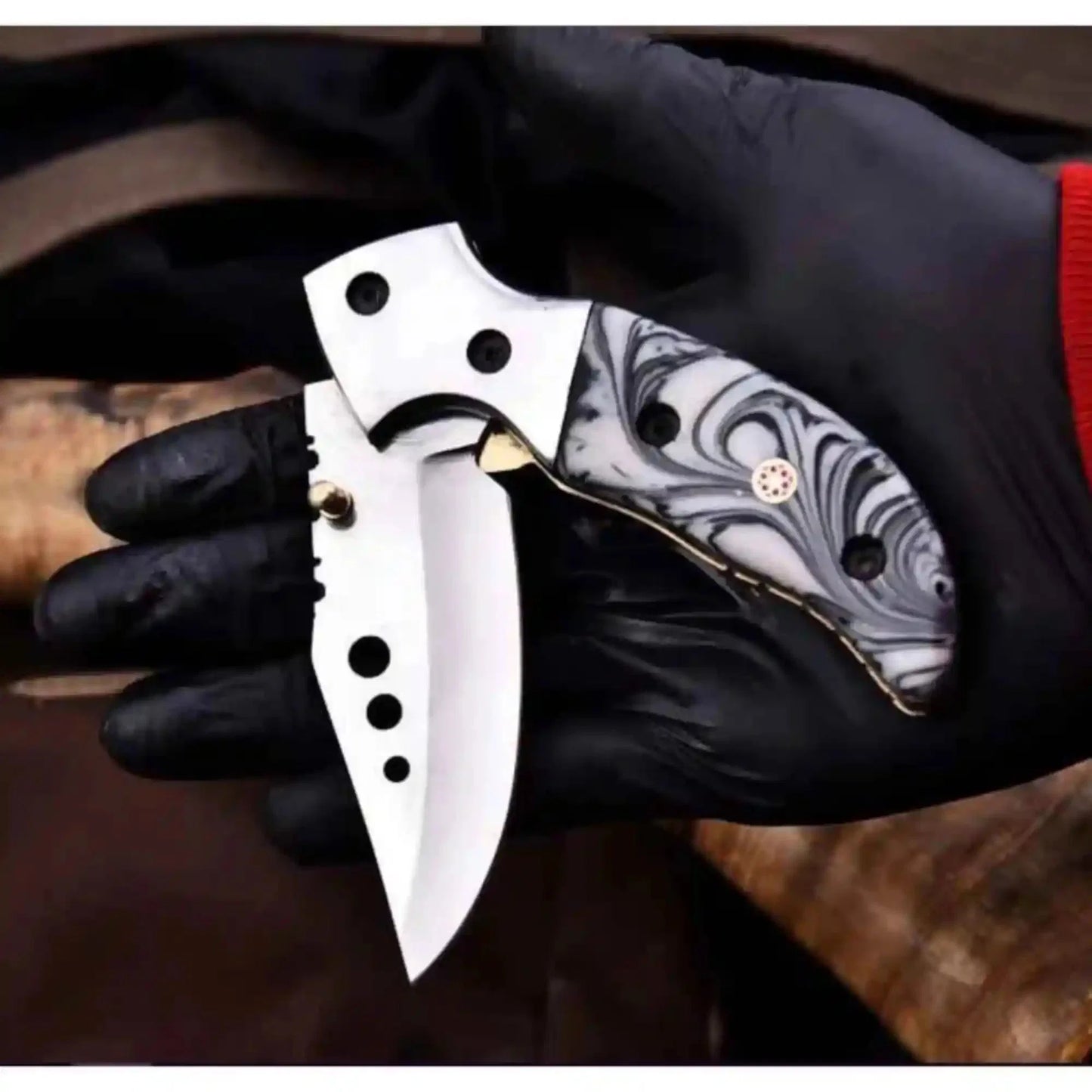 Marble Resin Handle Folding Pocket Knife w/ Leather Sheath | JW SteelCrafts
