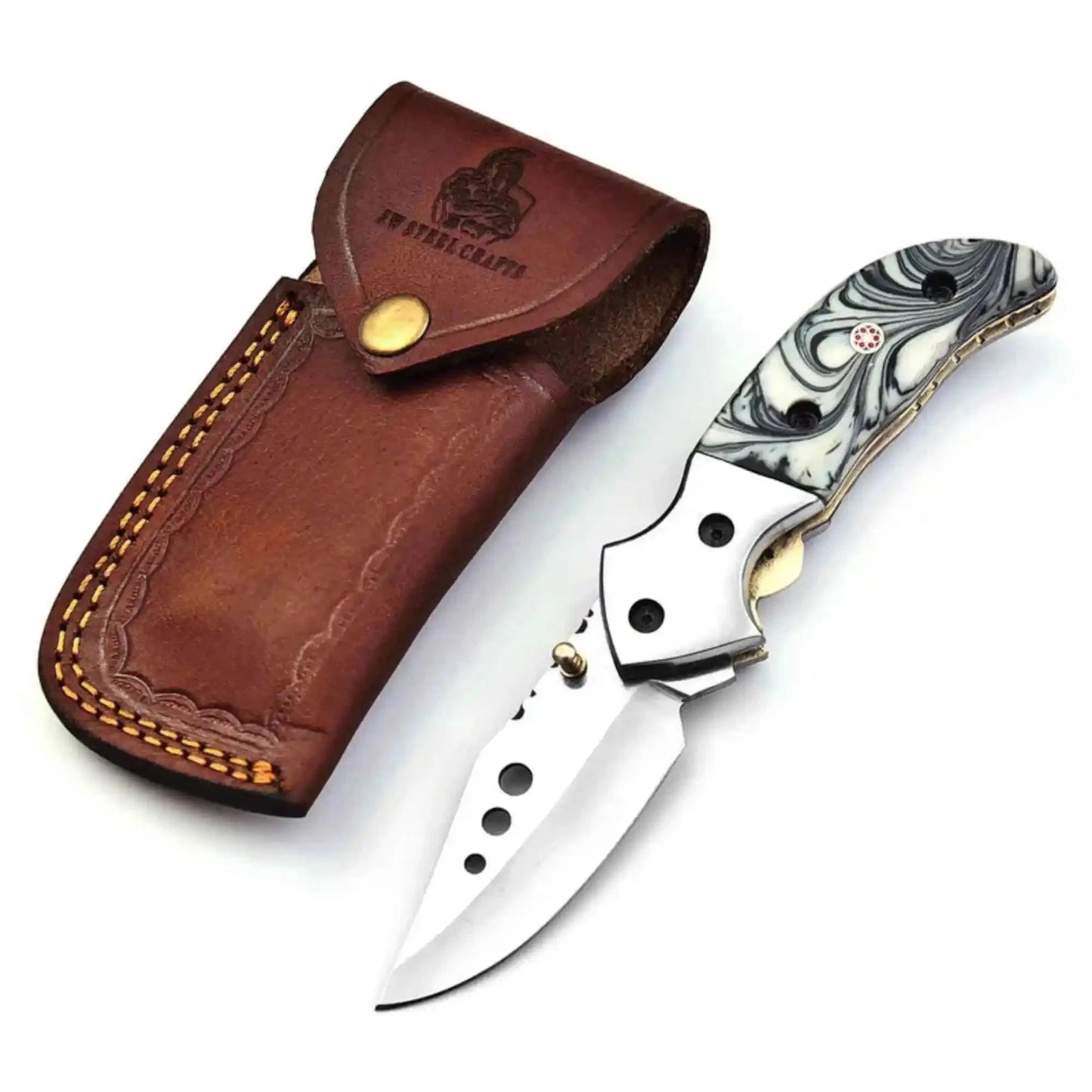 Marble Resin Handle Folding Pocket Knife w/ Leather Sheath | JW SteelCrafts