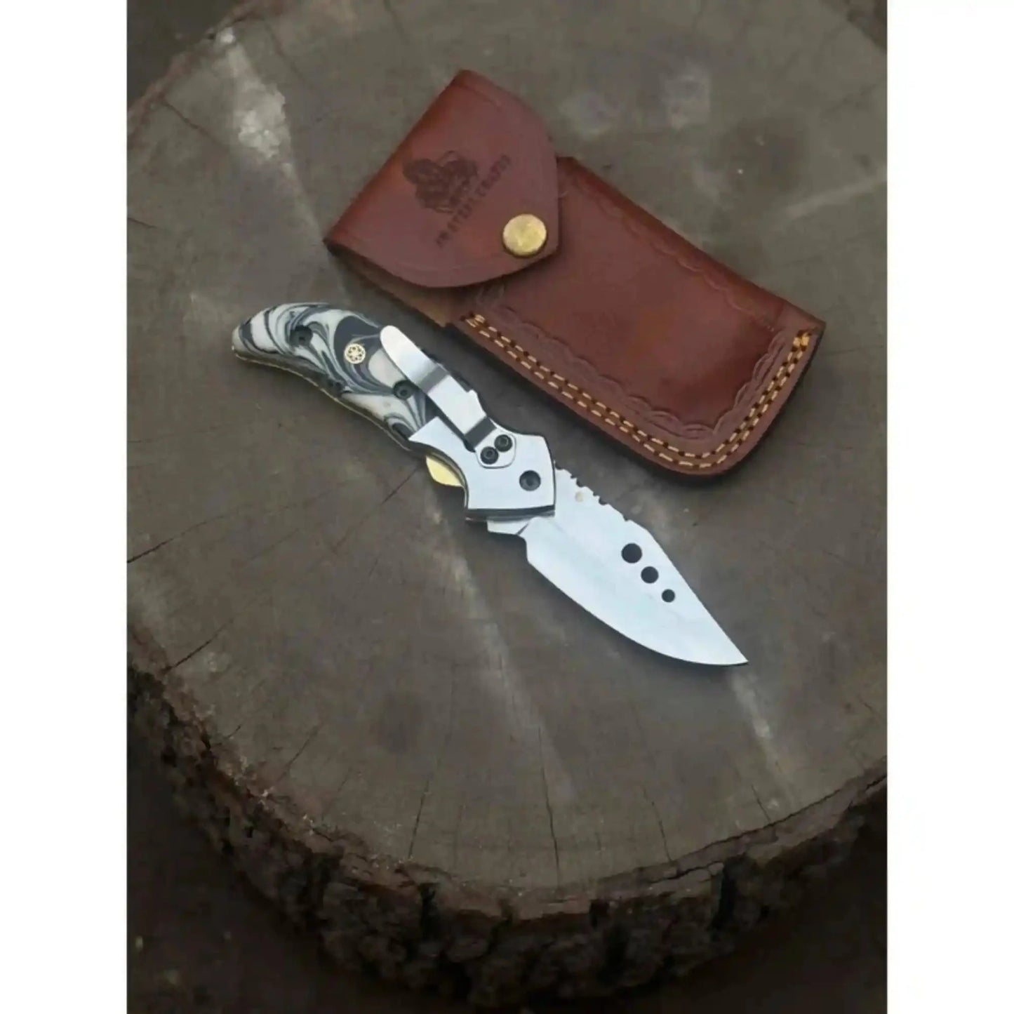 Marble Resin Handle Folding Pocket Knife w/ Leather Sheath | JW SteelCrafts