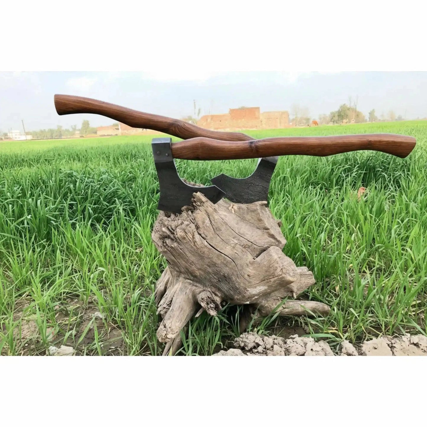 Matching Pair of Hand-Forged Damascus Bearded Axes with Curved Rosewood Handles