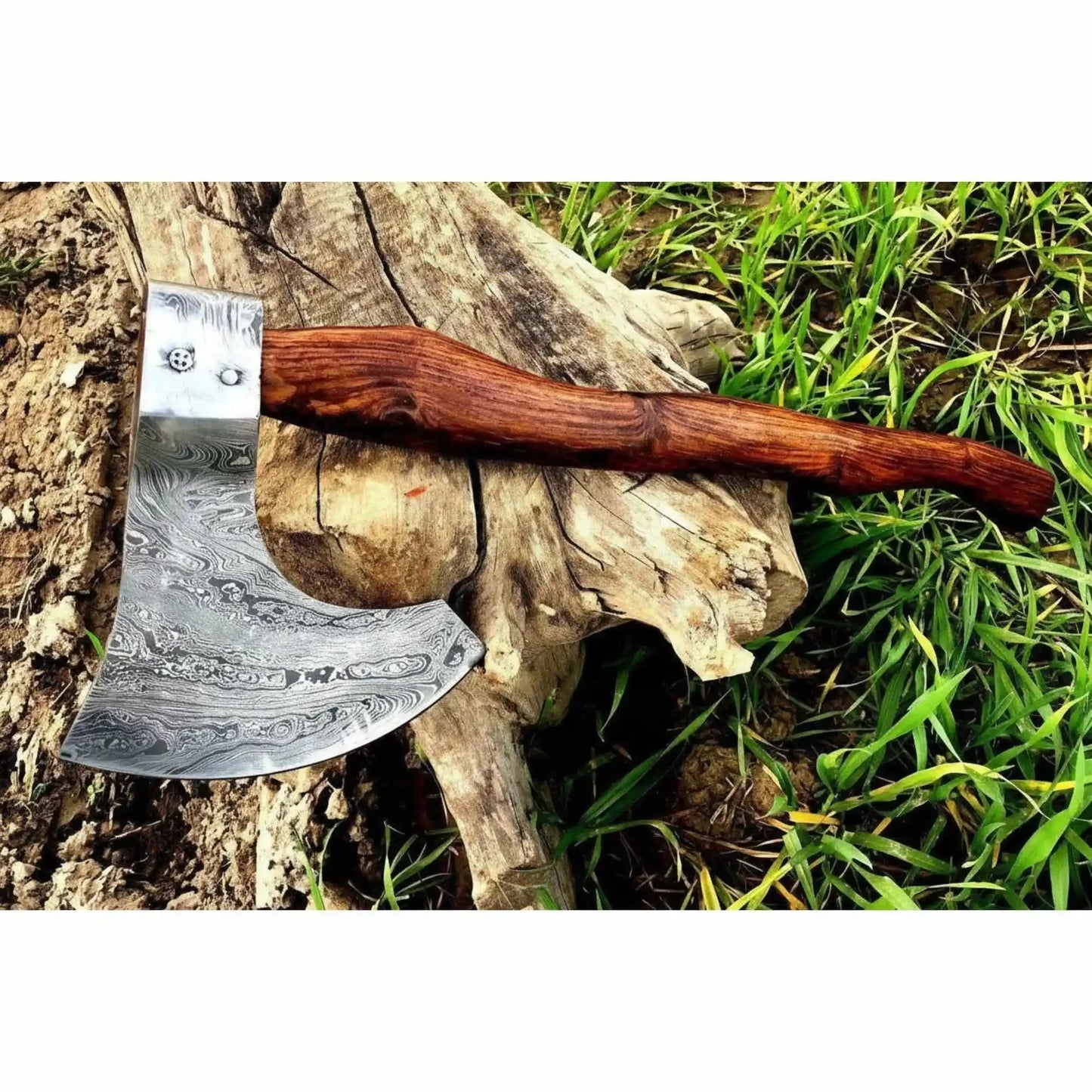 Matching Pair of Hand-Forged Damascus Bearded Axes with Curved Rosewood Handles