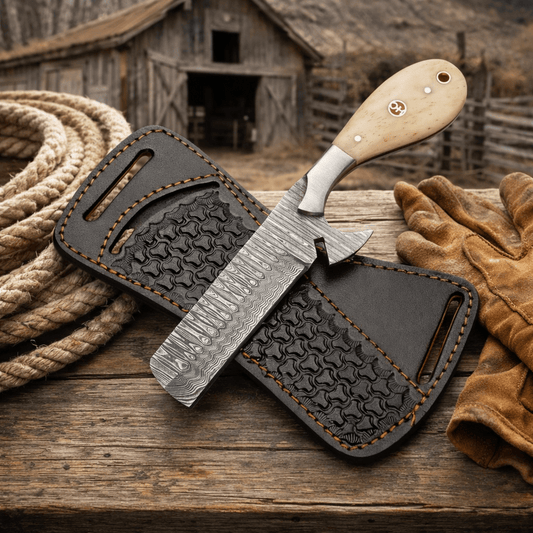 Maverick Bull Cutter – Hand-Forged Damascus Cowboy Skinner Knife with Leather Sheath