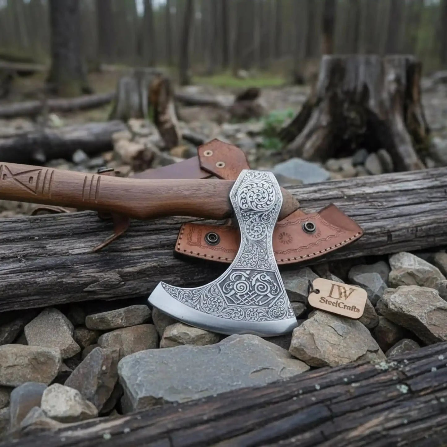 Norse Pattern Acid Etched Bushcraft Belt Viking Bearded Axe with Leather Carry Sheath