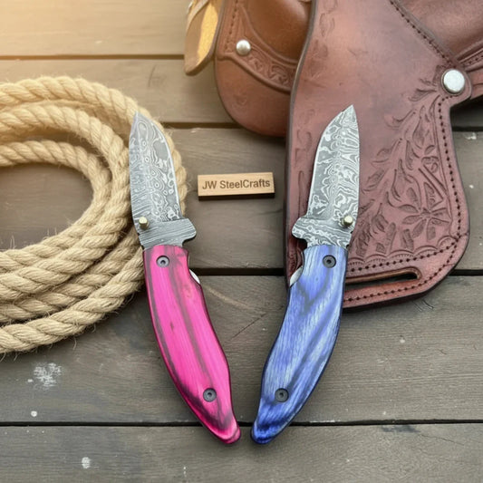 Persian Damascus Folding Knife Set 7” opened Pink & Blue Pakka Wood EDC Blades