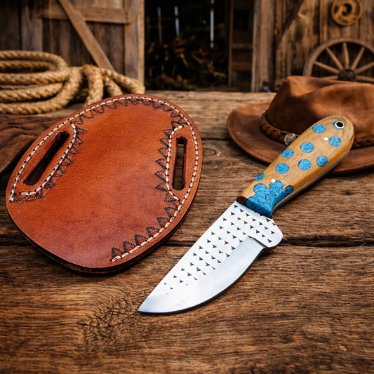 Pancake Sheath Knife – 3.75" Rasp Steel Cactus Turquoise Handle