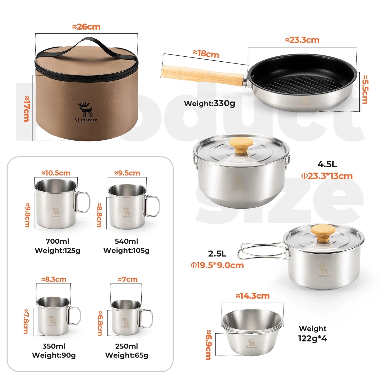 304 Stainless Steel 5-Piece Camping Cookware Set with Teflon Coating