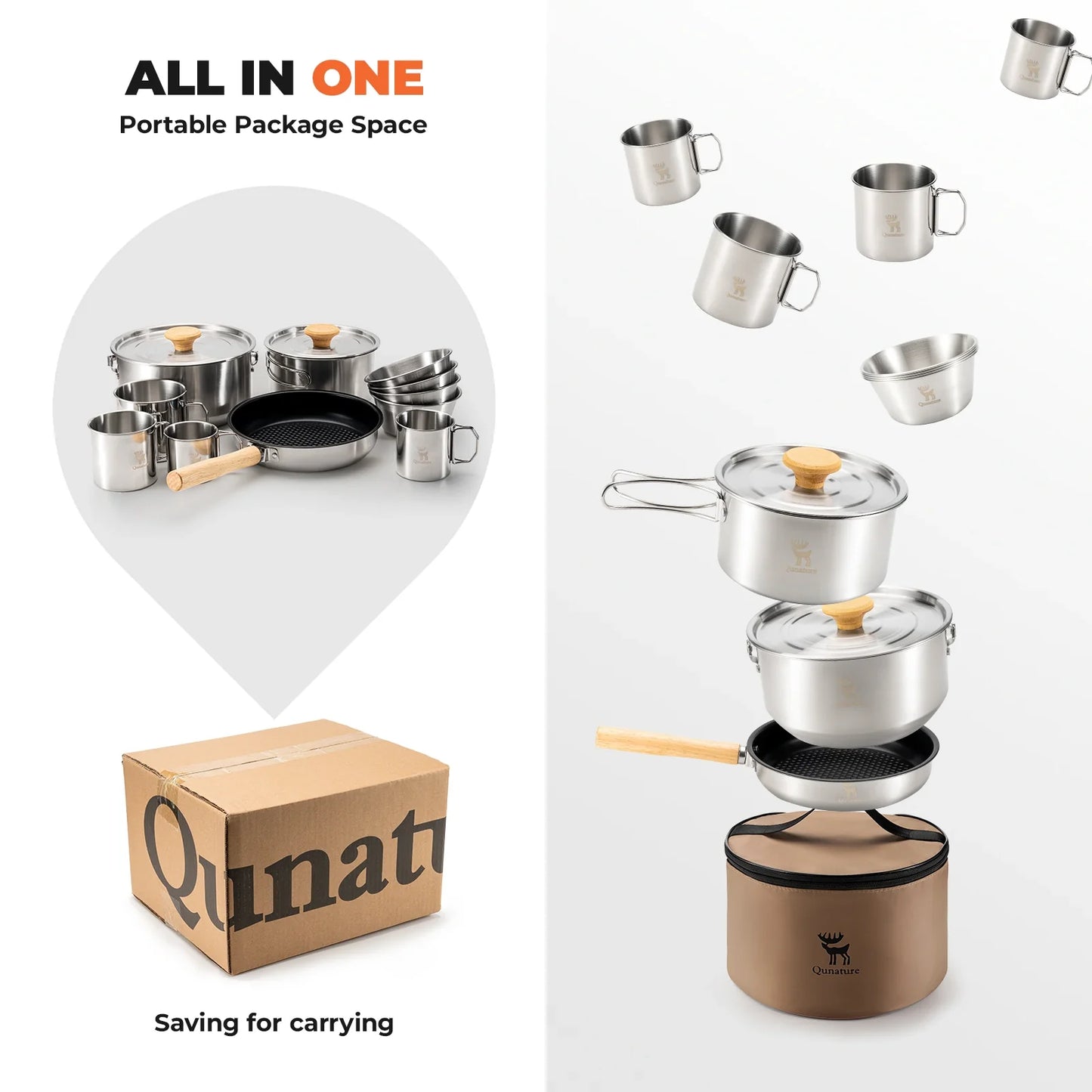 304 Stainless Steel 5-Piece Camping Cookware Set with Teflon Coating