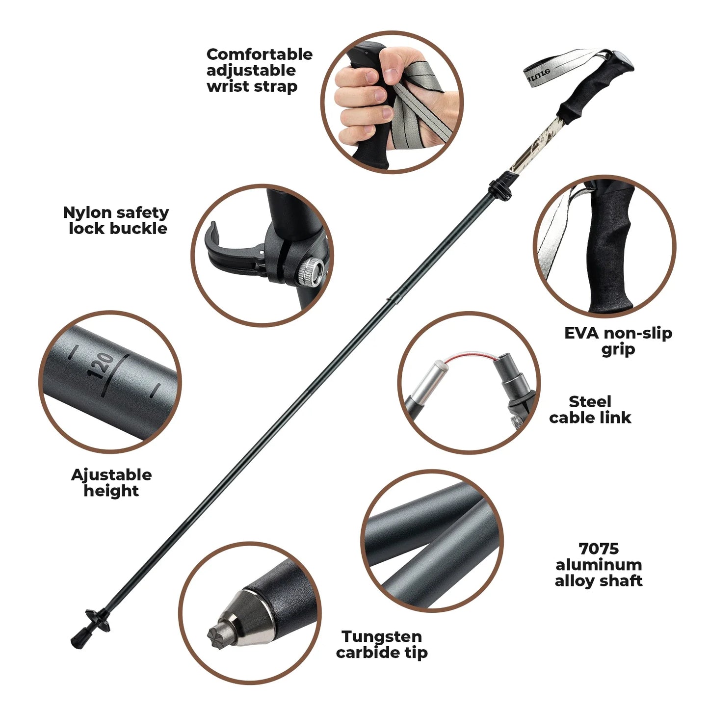 Foldable Lightweight Aluminum Trekking Pole with Adjustable Height and Grip