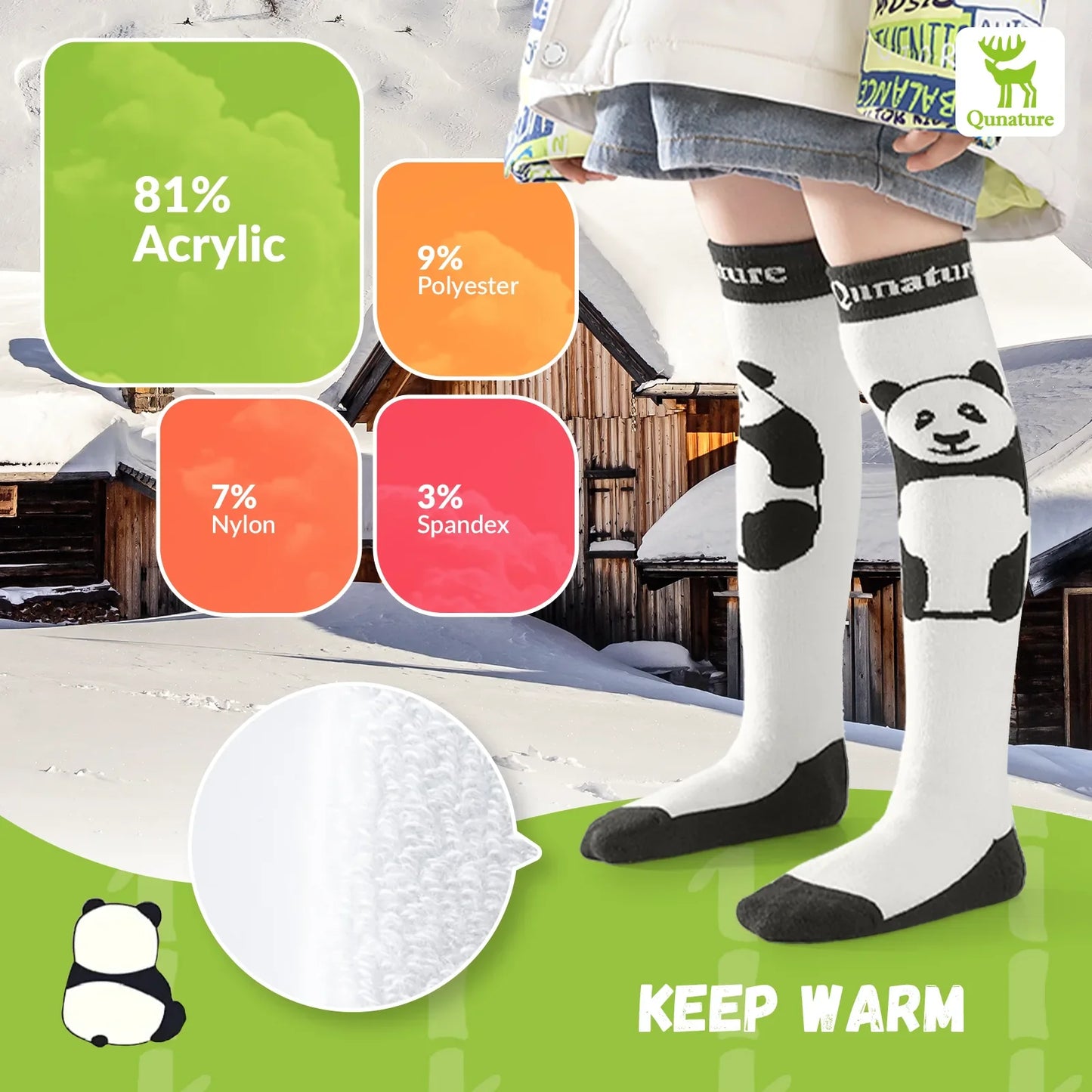 Kids Panda Ski Socks with Heat Retaining for Winter Sports