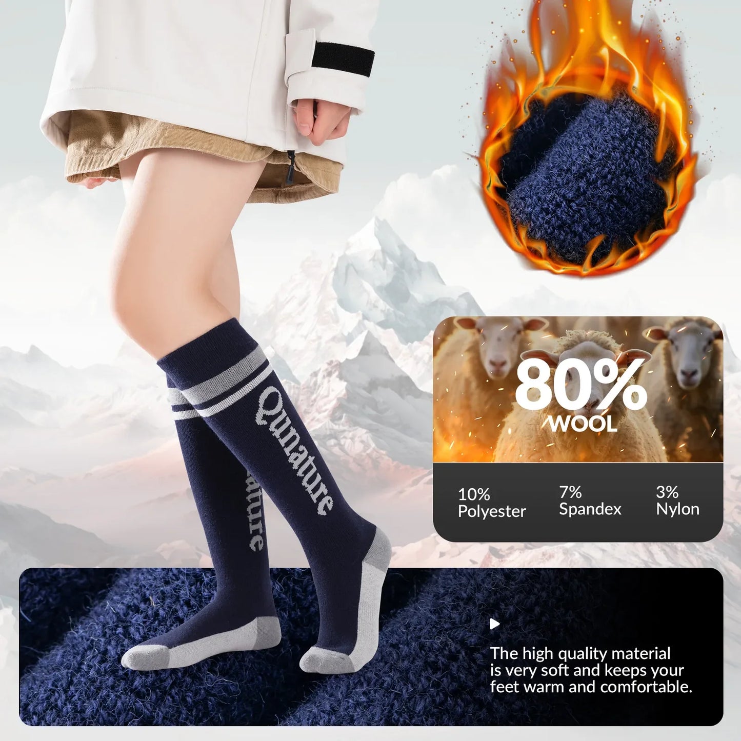 Kids Wool Blend Ski Socks, Cold Weather Knee-high Warm Socks for Winter