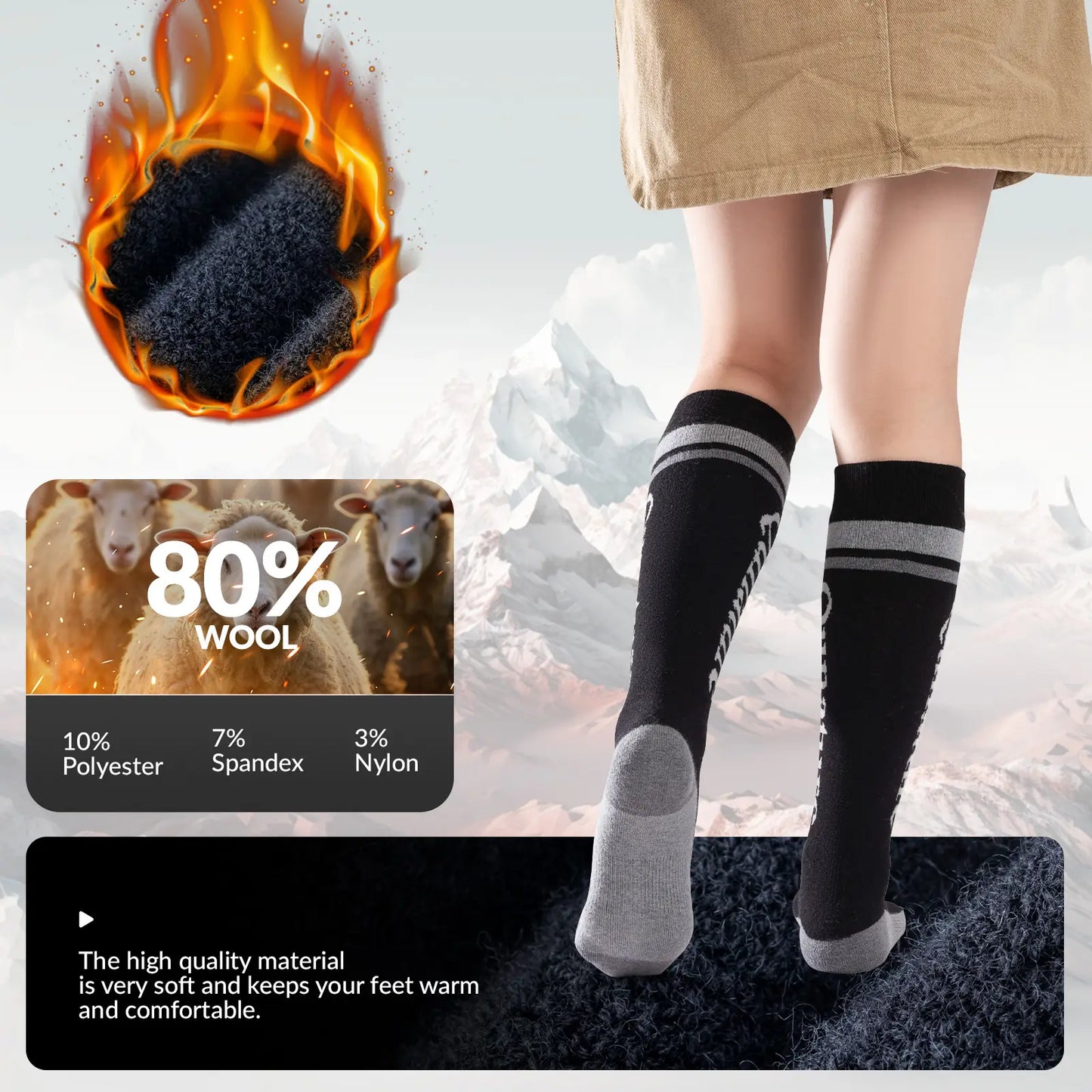 Kids Wool Blend Ski Socks, Cold Weather Knee-high Warm Socks for Winter