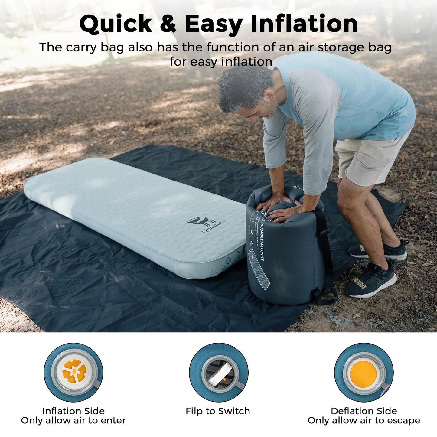 4" Thick Portable Inflating Sleeping Pad with Foam for Camping