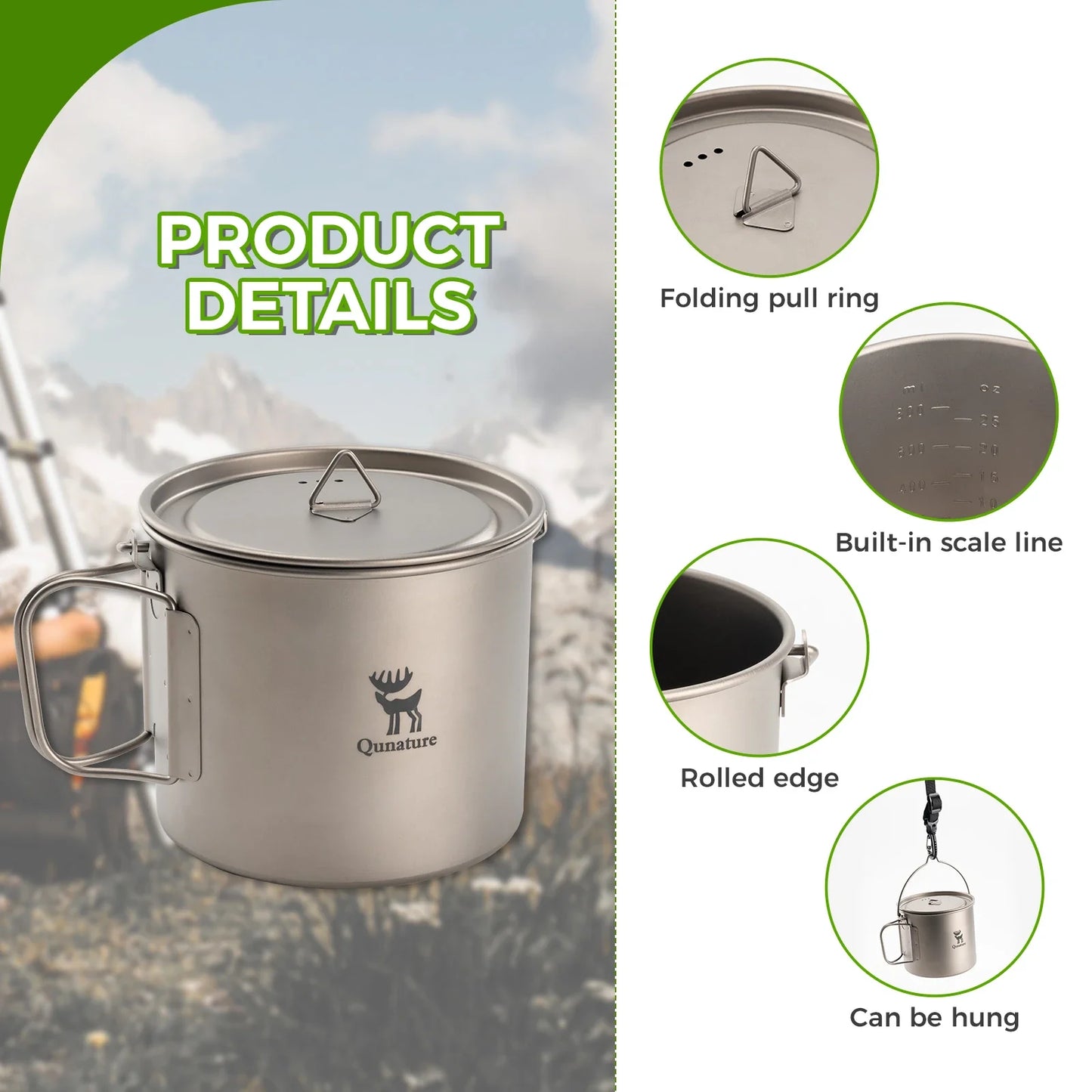 Titanium Hanging Cup With Short Handle 1100ml