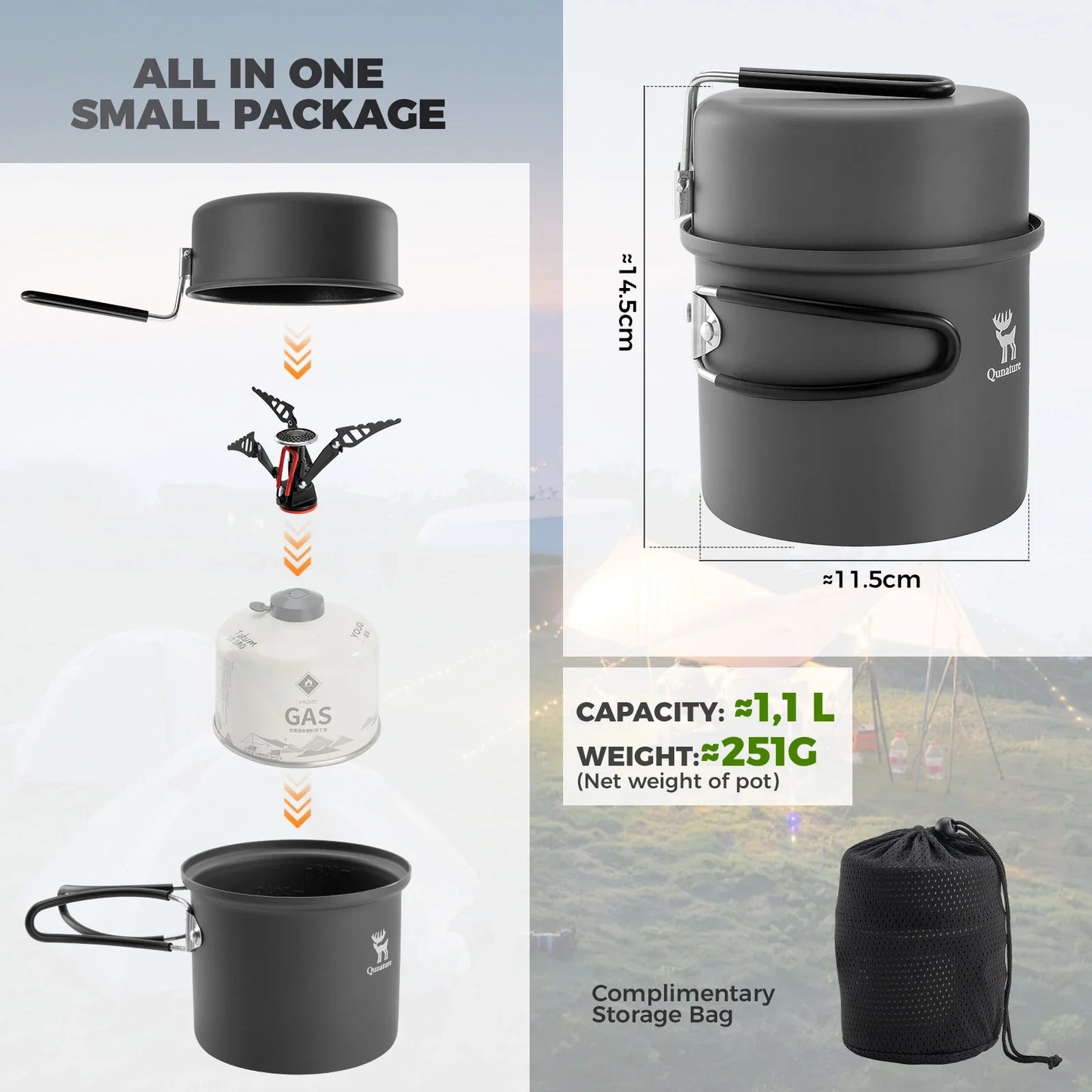 Ultra-Light Aluminum Camping Cookware Set with Nestable Design Handle