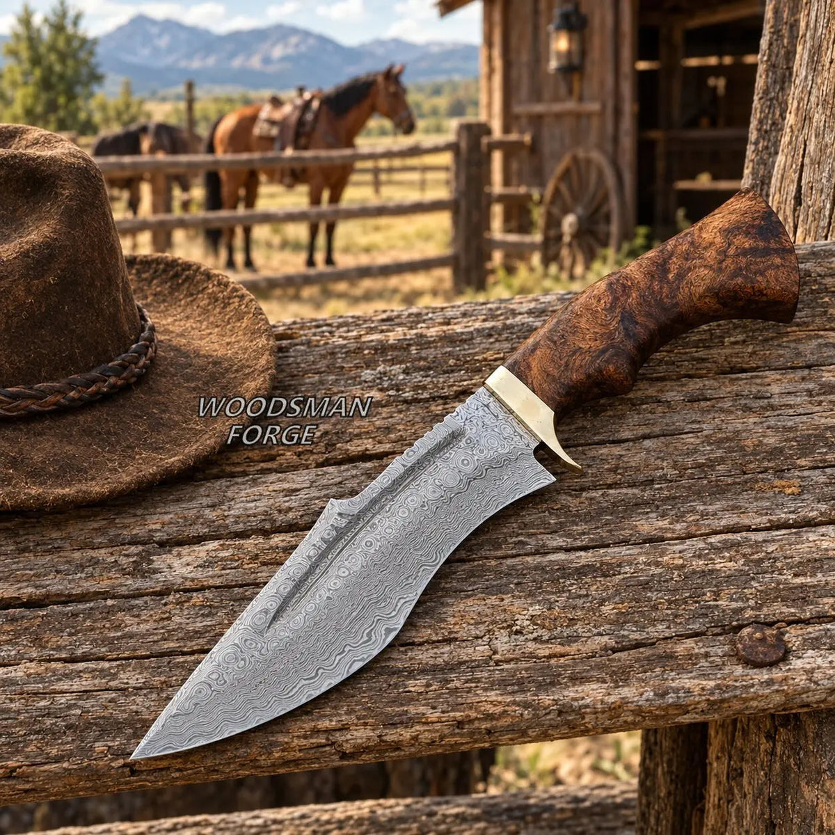 Rosewarden Hunting Bowie Knife – 15" Damascus Steel, Rosewood Handle & Sheath