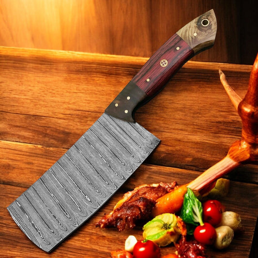 Butcher’s Blade – Handmade Damascus Cleaver Knife with Exotic Pakka Wood & Rosewood Handle