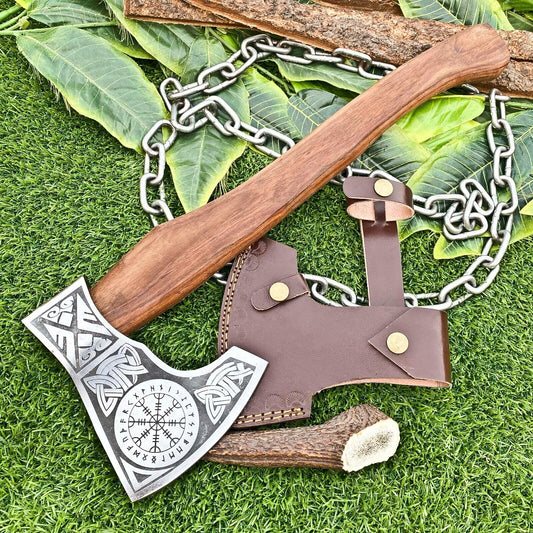 Viking Combat Axe with Custom Handmade Forged Engraved 1095 Steel Blade and Rosewood Handle – Odin’s Fury