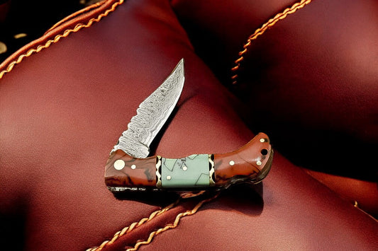 Custom Handmade Damascus Pocket Knife – Epoxy Resin Handle