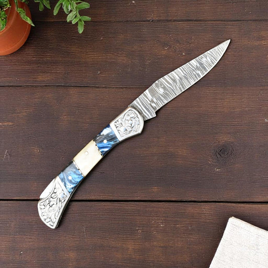 Custom Handmade Pocket Knife with Bone & Resin Handle