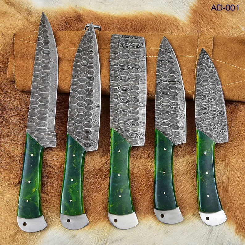 Custom Handmade Damascus Knife Set Kitchen - 5 Pieces