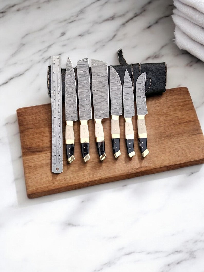 Custom Handmade Damascus Chef Knife Set with Bone Handles