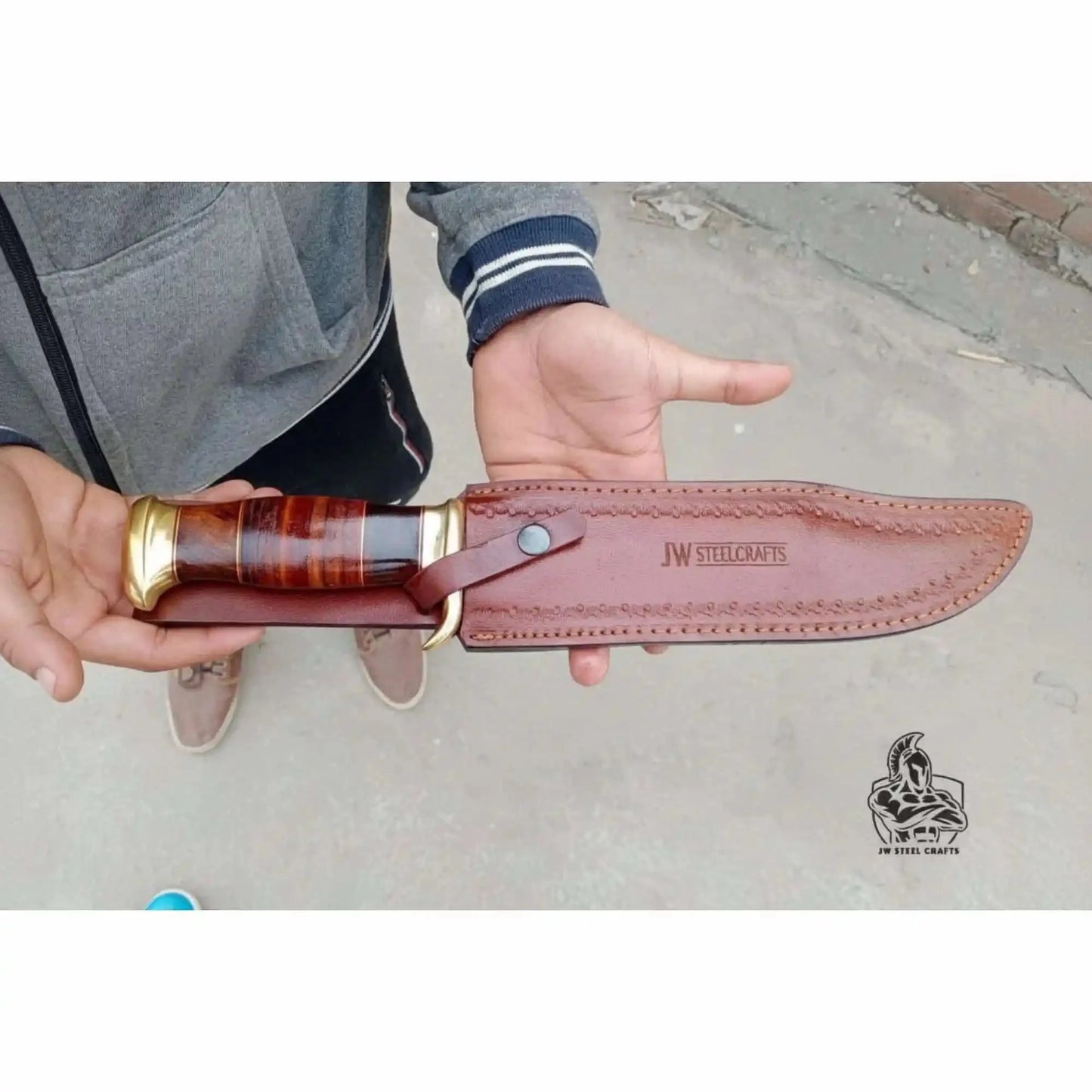 Sheffield Clip Point Bowie Knife Handmade Damascus Steel Blade Brass Guard Leather Sheath JW SteelCrafts