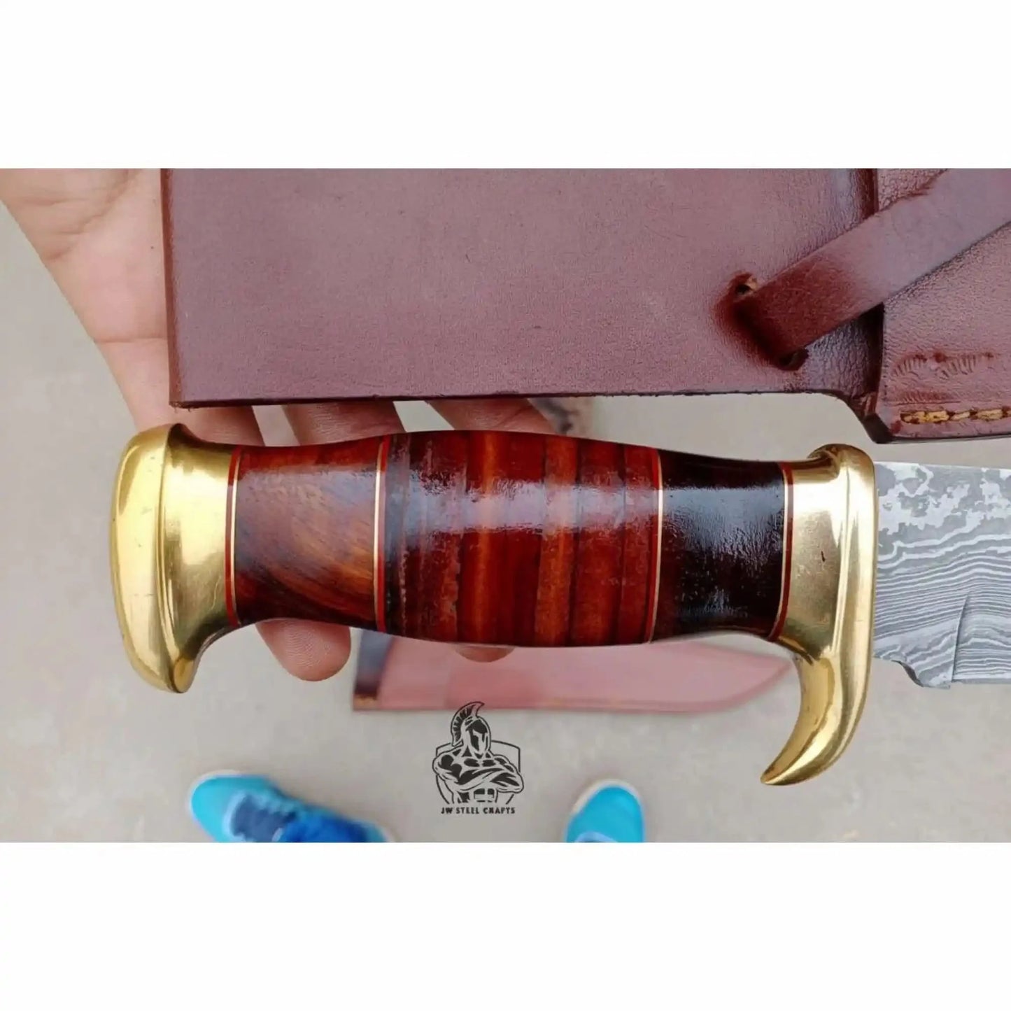 Sheffield Clip Point Bowie Knife Handmade Damascus Steel Blade Brass Guard Leather Sheath JW SteelCrafts