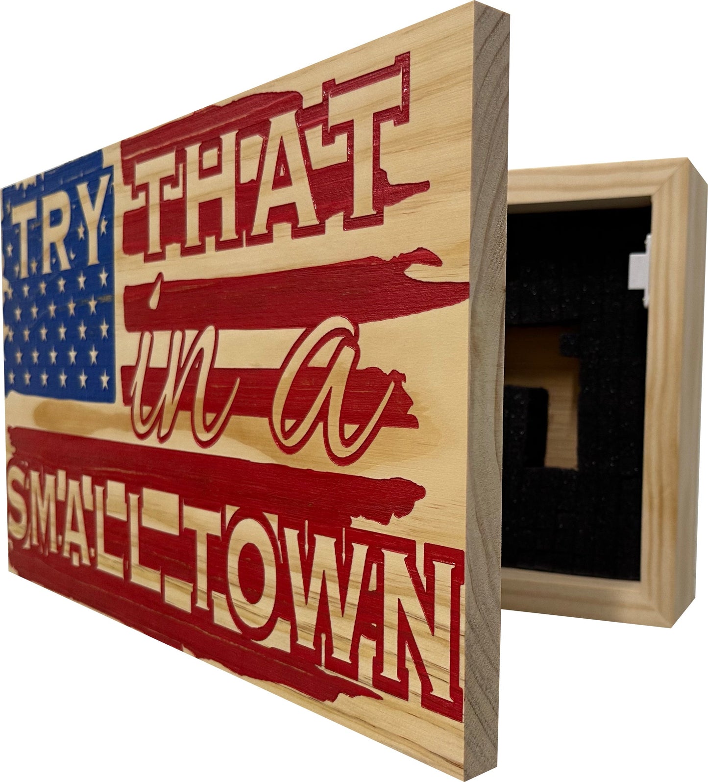American Flag Try That In A Small Town Decorative and Secure Gun Cabinet (Red and Blue)