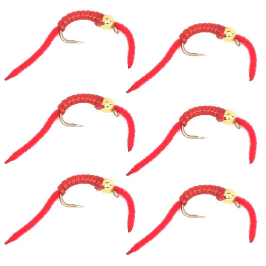 San Juan Worm Flies Bead Head Power Worm Red V-Rib Set of 6 Nymphs Hook Size 10