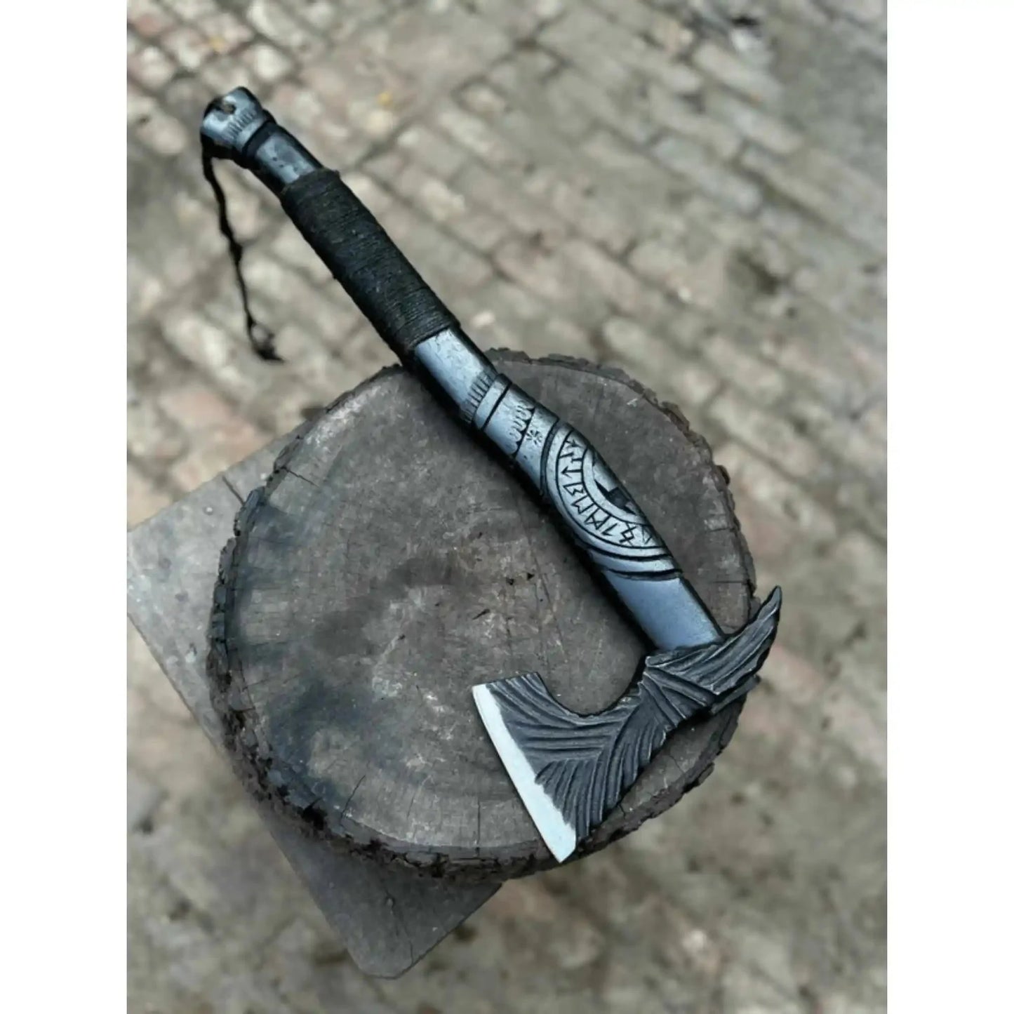 Hand Forged Viking Battle Axe with Carved Black Hardwood Handle