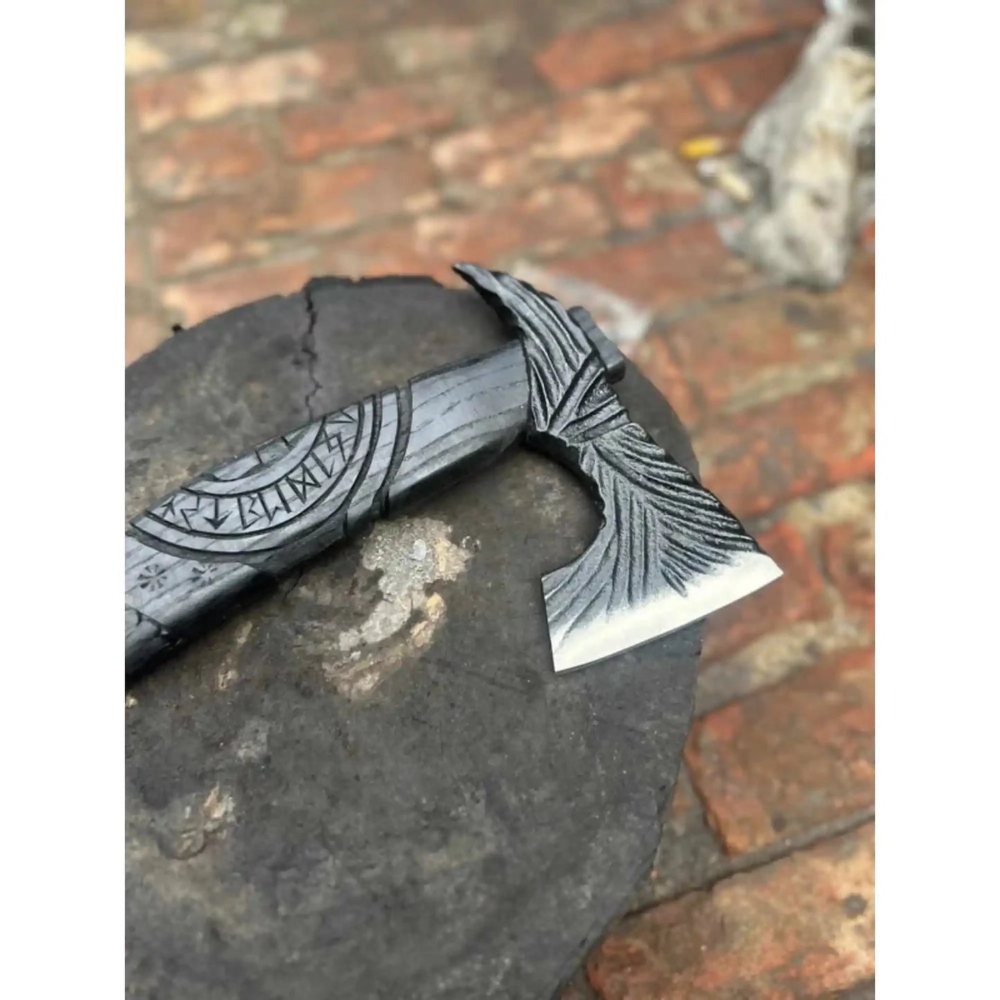 Hand Forged Viking Battle Axe with Carved Black Hardwood Handle