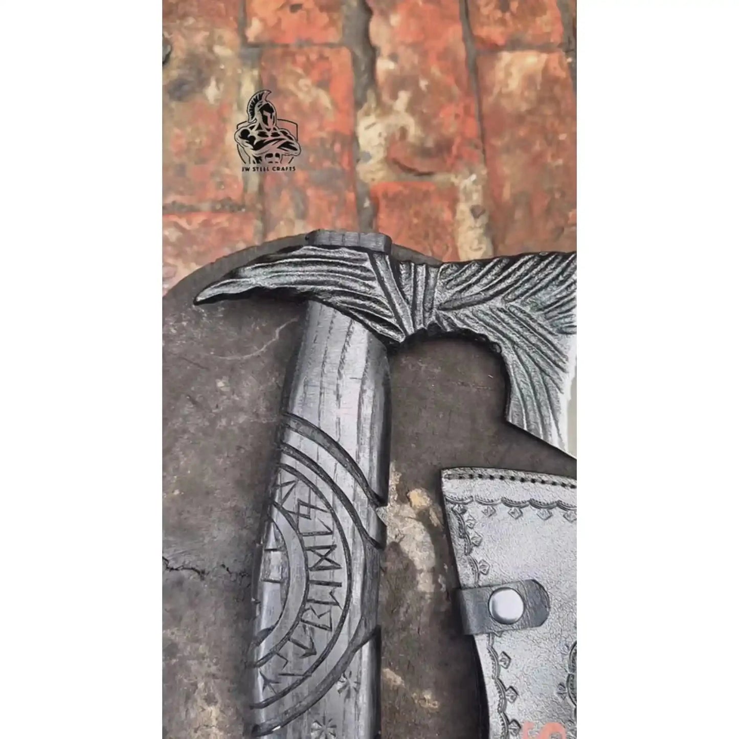 Hand Forged Viking Battle Axe with Carved Black Hardwood Handle