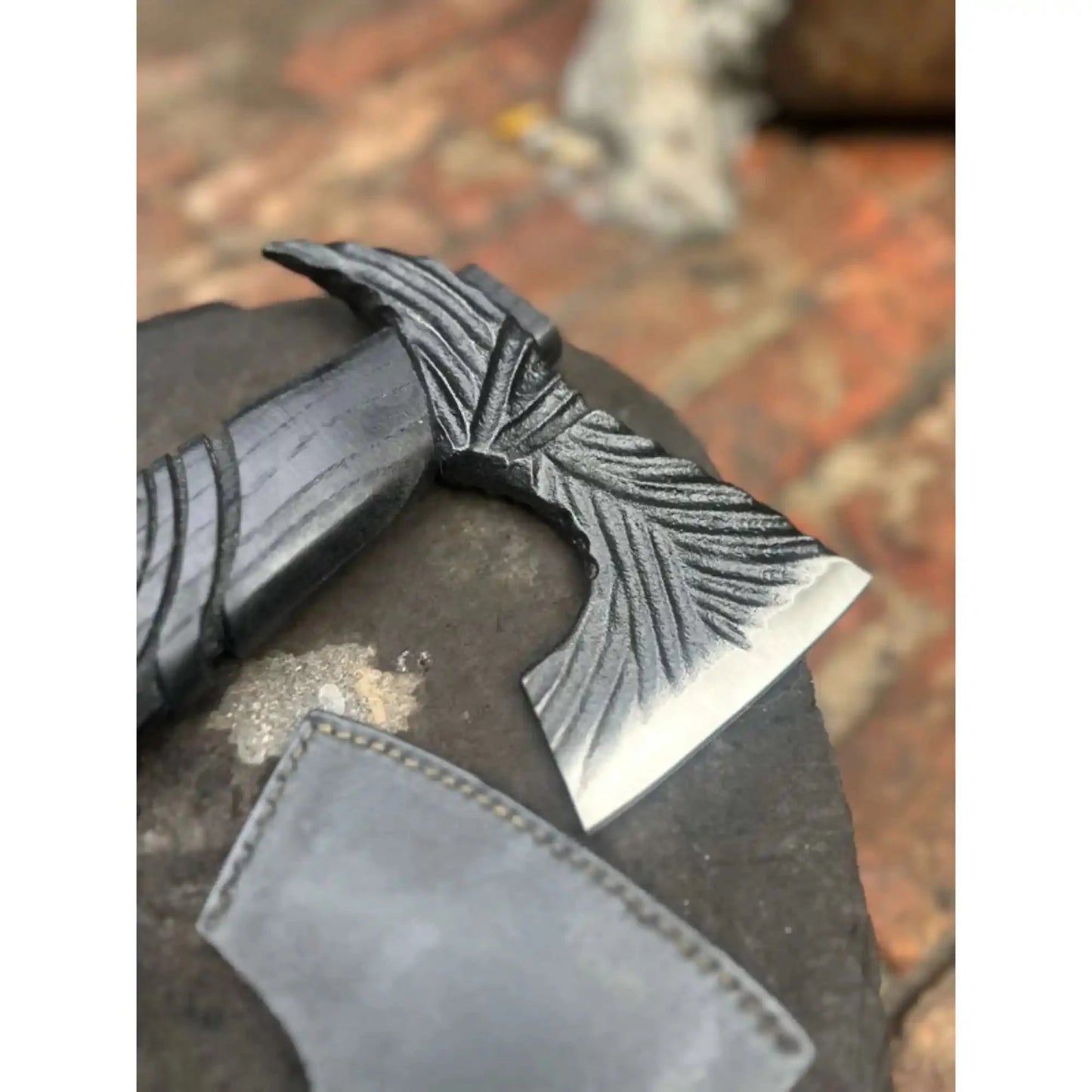 Hand Forged Viking Battle Axe with Carved Black Hardwood Handle