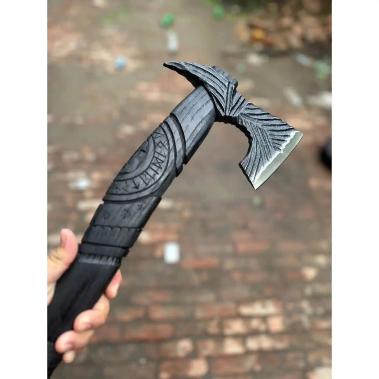 Hand Forged Viking Battle Axe with Carved Black Hardwood Handle