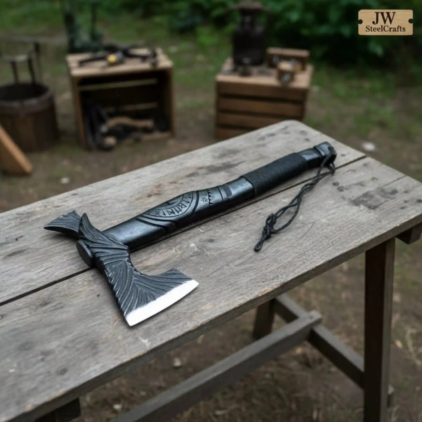 Hand Forged Viking Battle Axe with Carved Black Hardwood Handle