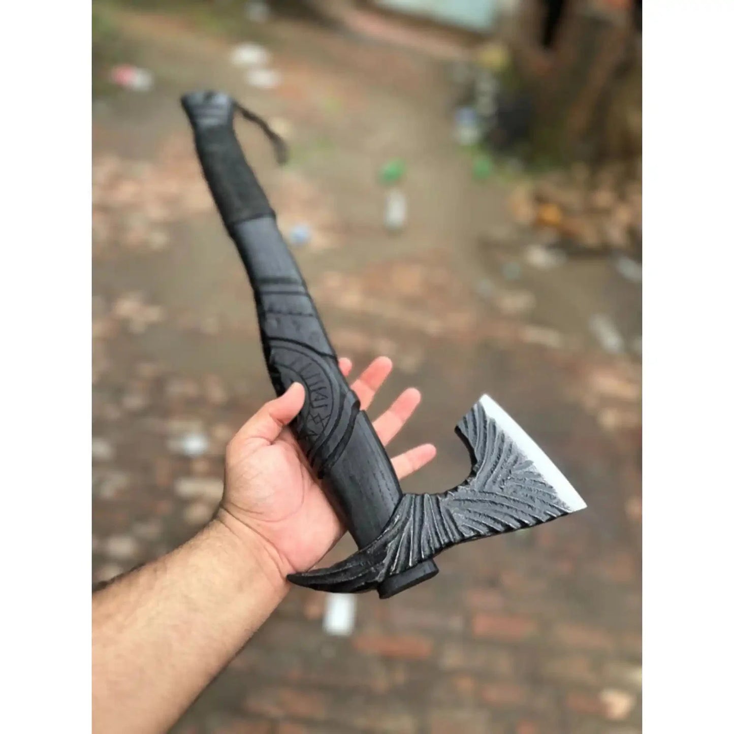 Hand Forged Viking Battle Axe with Carved Black Hardwood Handle