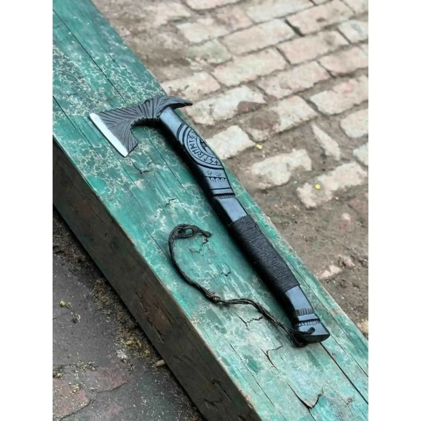 Hand Forged Viking Battle Axe with Carved Black Hardwood Handle