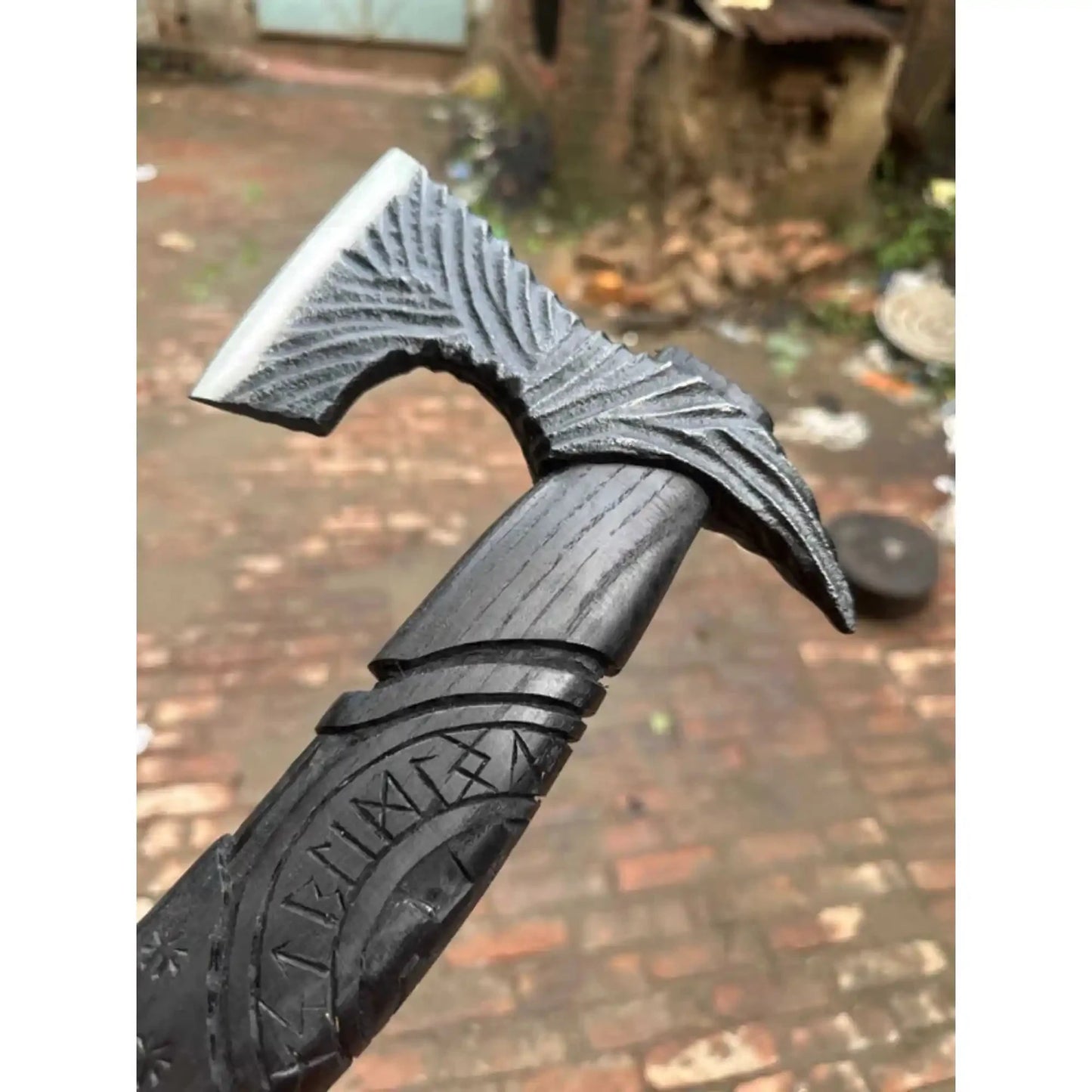 Hand Forged Viking Battle Axe with Carved Black Hardwood Handle