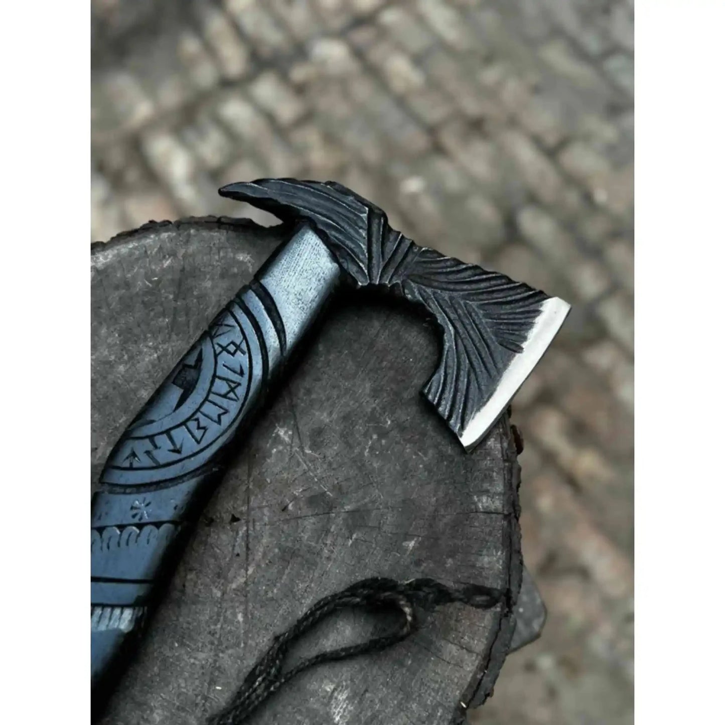 Hand Forged Viking Battle Axe with Carved Black Hardwood Handle