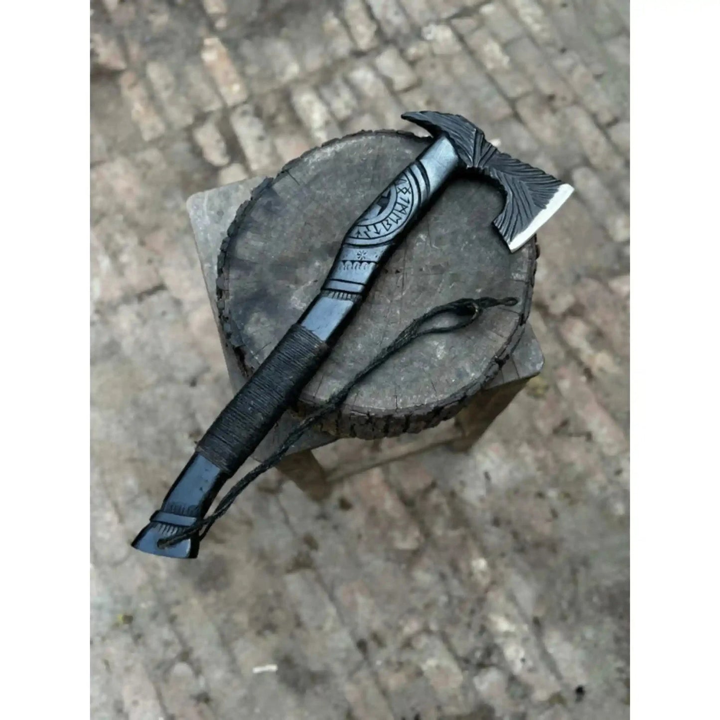 Hand Forged Viking Battle Axe with Carved Black Hardwood Handle
