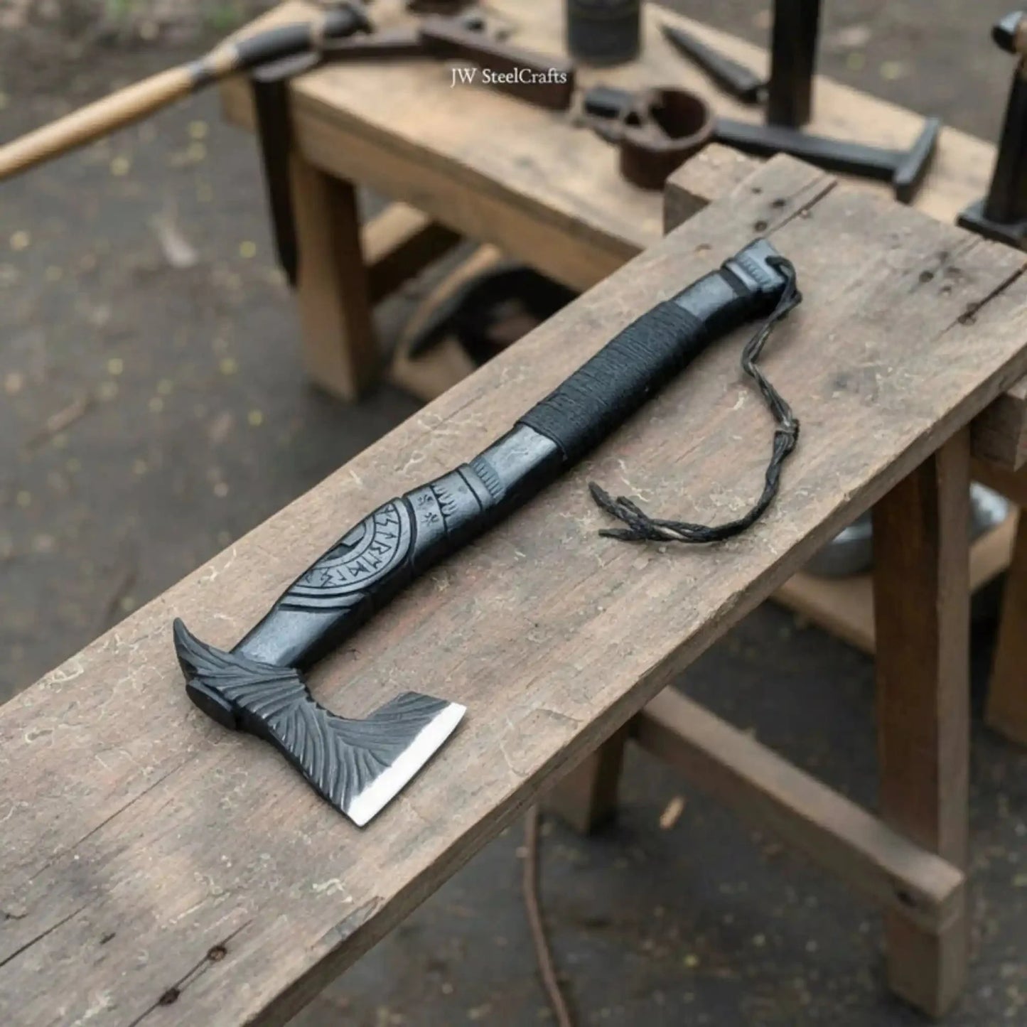 Hand Forged Viking Battle Axe with Carved Black Hardwood Handle