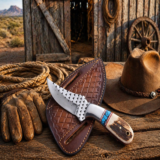 Western Ranch Knife – 3.5” Rasp Blade Antler Handle & Pancake Leather Sheath