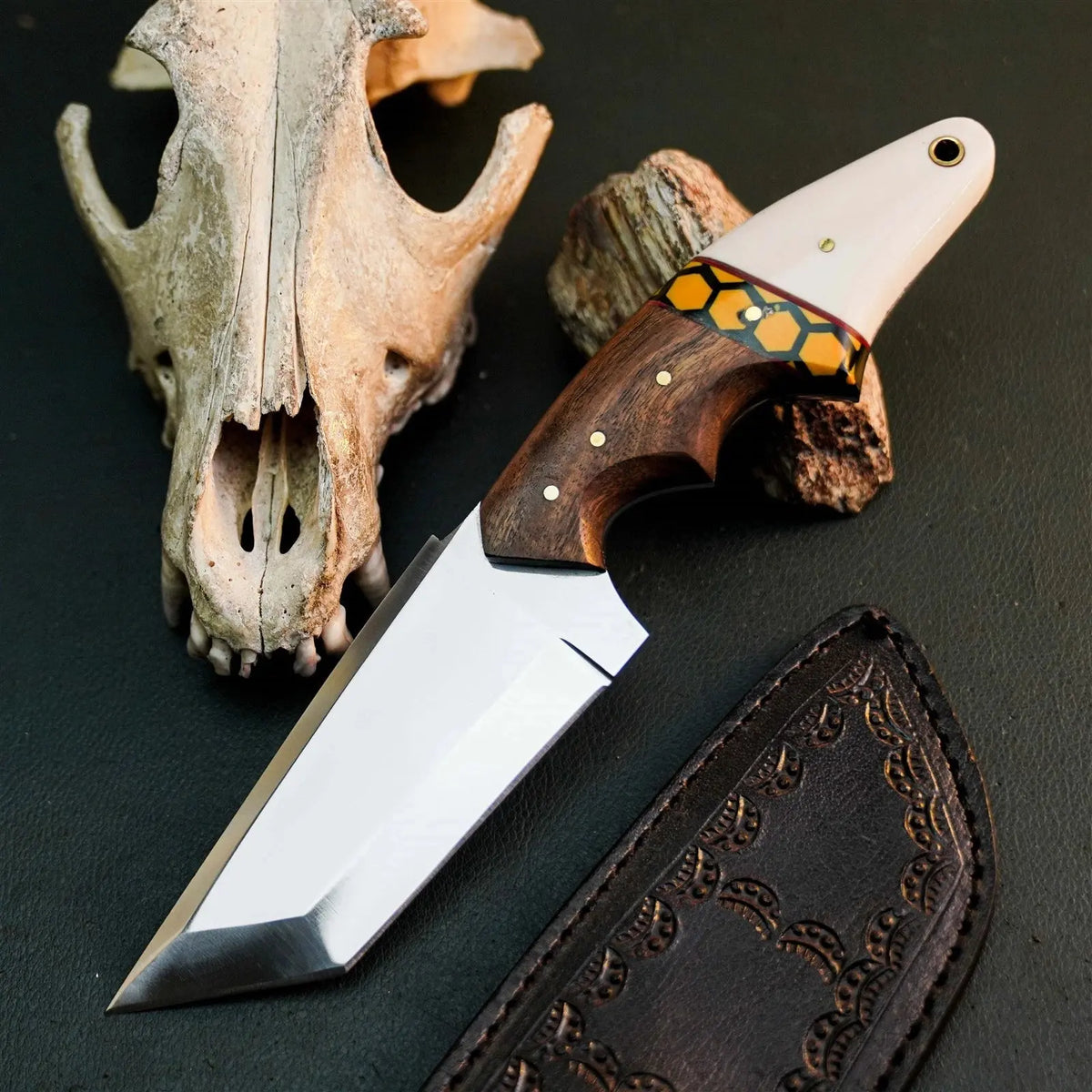 8.9" Handmade Stainless Steel Hunting Knife – Full Tang Wood Handle & Sheath
