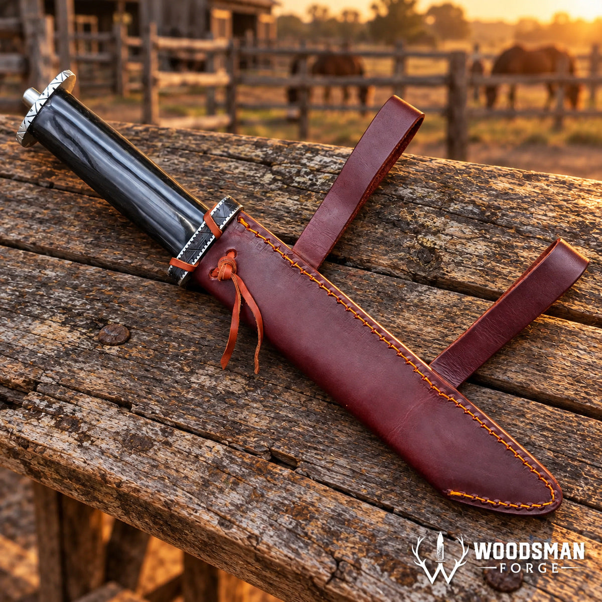 Ravenhorn Fieldcrest™ Seax Knife – 1040 Carbon Steel, Natural Horn Handle & Leather Scabbard