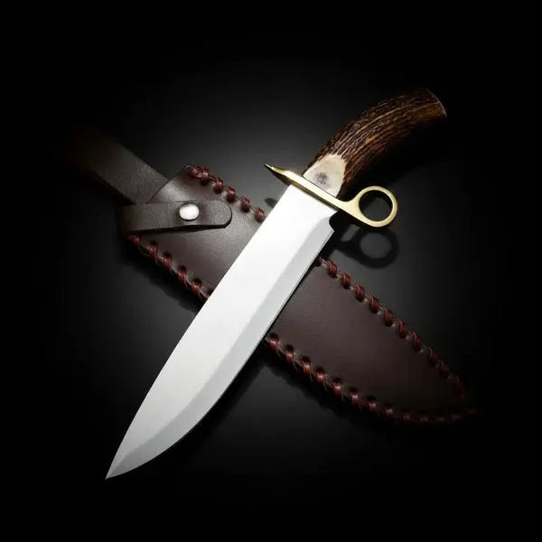 D2 Steel Bowie Knife – Mirror Polish, Stag Antler Handle & Leather Sheath